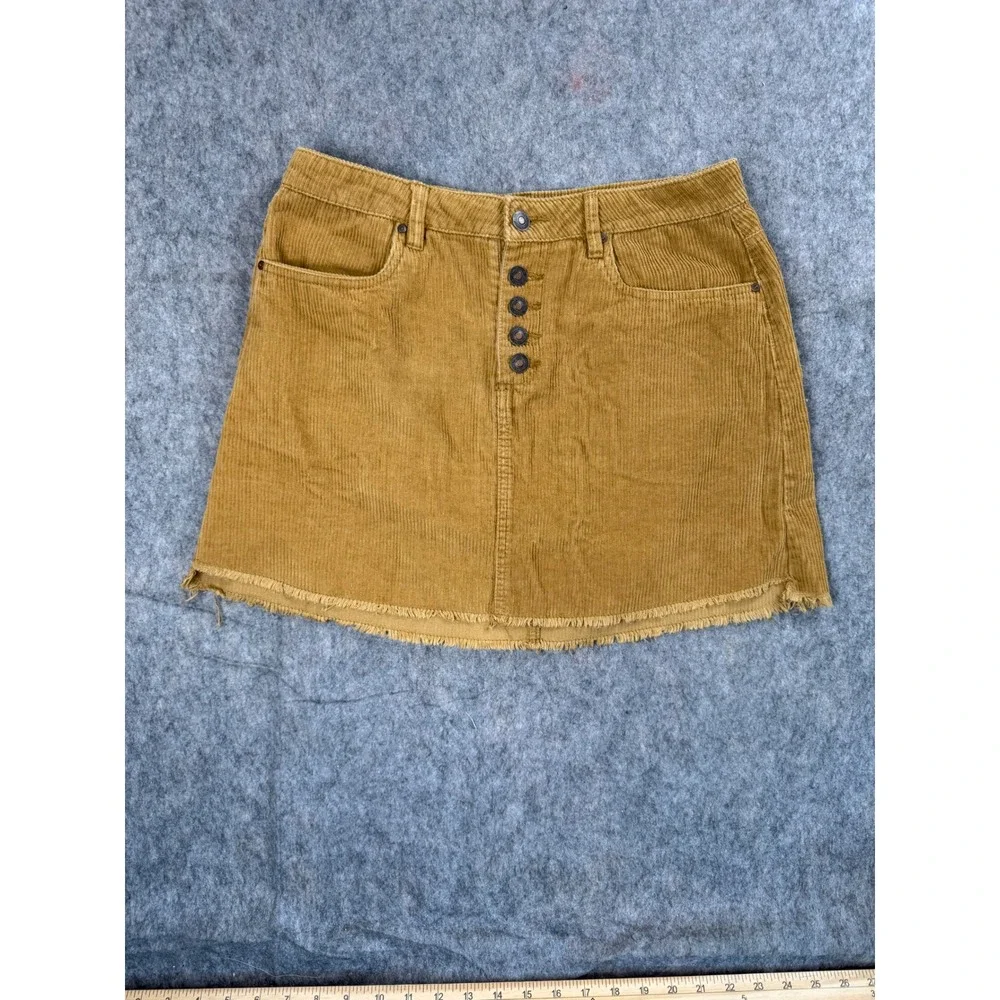 Sky and Sparrow Mustard Yellow Corduroy Mini Skirt Button Fly Frayed Hem Size 11